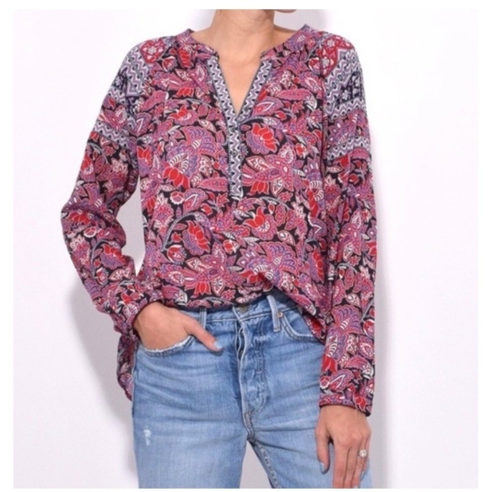 Xirena‎ Marin Red Paisley Boho V Neck Blouse Women's Size Large Cotton